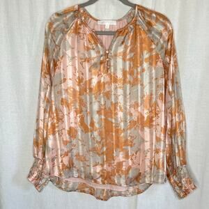 Adyson Parker Satin Gray Orange‎ Floral Shirt V Neck Lined Size Small Oversize